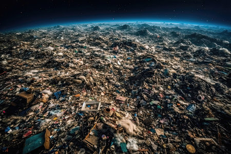 The planet Earth is covered in garbage as seen from space, a concept of excessive environmental pollution. AI Generative AI.の素材