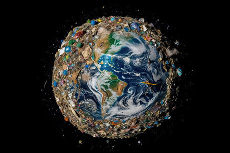 The planet Earth is covered in garbage as seen from space, a concept of excessive environmental pollution. AI Generative AI.の素材