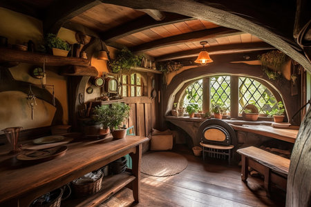 interior of a very cozy home in a fantasy style. The interior is filled with enchanting details, such as magical decorations, intricate woodwork, and soft lighting, creating a warm and inviting atmosphere. AI Generative AIの素材