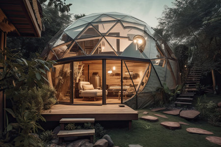 cozy dome shaped house made of glass and wood, situated in a beautiful garden, and built in an eco-friendly manner at evening. AI Generative AIの素材