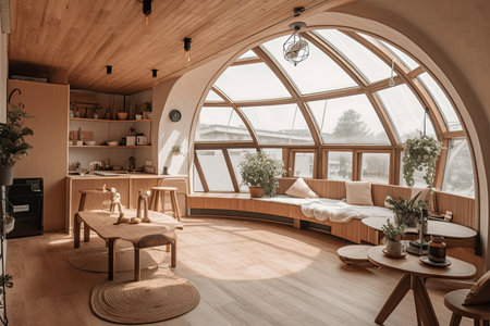 interior of a cozy, eco-friendly dome-shaped house made of glass and wood. The interior design incorporates natural elements, creating a warm and inviting atmosphere while emphasizing sustainability and environmental consciousness. Generative AIの素材