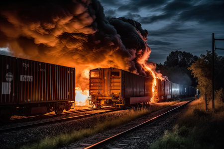 A freight train has caught fire, causing significant damage to the cargo and posing a potential risk to nearby communities due to the potential release of hazardous materials. AI Generative AIの素材