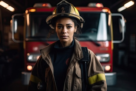 mixed female firefighter stands confidently in her uniform, ready to take on any challenge that comes her way. The presence of a female firefighter in a male-dominated field serves as an inspiration to many. Generative AIの素材