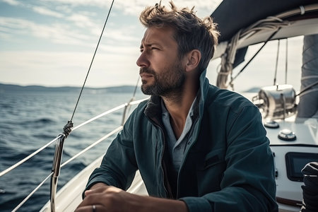 man skillfully navigates a sailboat on the open water, using his knowledge and experience to safely guide the vessel towards its destination. The wind fills the sails, propelling the boat forward as the man expertly adjusts the rigging and maneuvers the tiller. Generative AIの素材