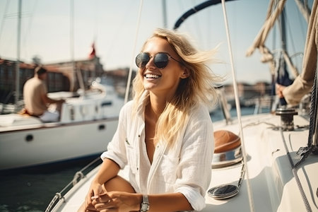 young woman travels on a sailboat, enjoying the freedom and adventure of the open sea. She takes in the stunning views, feeling the wind in her hair and the sun on her face, as she explores new places and experiences the thrill of sailing. Generative AIの素材