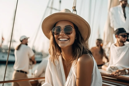 young woman travels on a sailboat, enjoying the freedom and adventure of the open sea. She takes in the stunning views, feeling the wind in her hair and the sun on her face, as she explores new places and experiences the thrill of sailing. Generative AIの素材