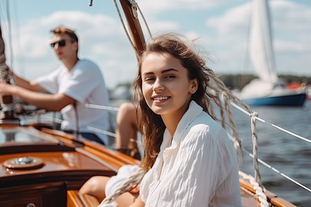 young woman travels on a sailboat, enjoying the freedom and adventure of the open sea. She takes in the stunning views, feeling the wind in her hair and the sun on her face, as she explores new places and experiences the thrill of sailing. Generative AIの素材