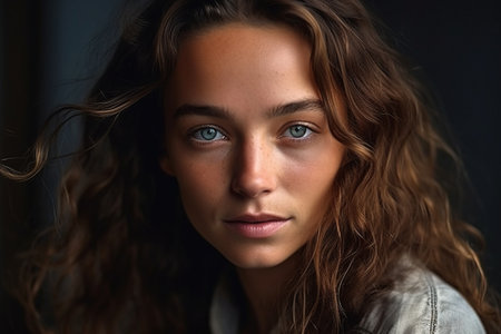 A 25 year old caucasian woman with a strikingly pretty face captivates with her sensual gaze and mysterious expression. Her candid eyes and slight smile exude an alluring aura that draws the viewer in, inviting them to explore the depths of her mysterious persona. Generative AIの素材