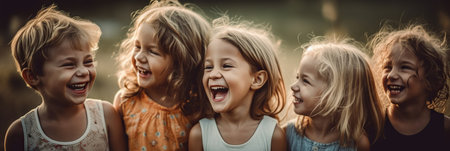 crowd of laughing children on a summer day is heartwarming and represents the pure joy and carefree spirit of childhood. AI Generative AIの素材