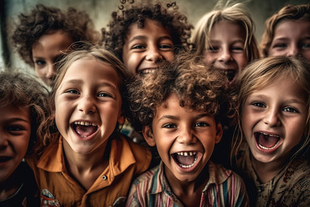 crowd of laughing children on a summer day is heartwarming and represents the pure joy and carefree spirit of childhood. different races. AI Generative AIの素材