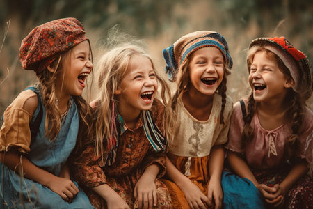 crowd of laughing children on a summer day is heartwarming and represents the pure joy and carefree spirit of childhood. AI Generative AIの素材
