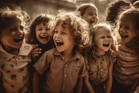 crowd of laughing children on a summer day is heartwarming and represents the pure joy and carefree spirit of childhood. AI Generative AIの素材