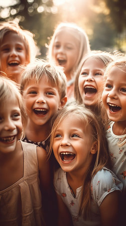 crowd of laughing children on a summer day is heartwarming and represents the pure joy and carefree spirit of childhood. AI Generative AIの素材