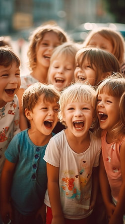 crowd of laughing children on a summer day is heartwarming and represents the pure joy and carefree spirit of childhood. AI Generative AIの素材