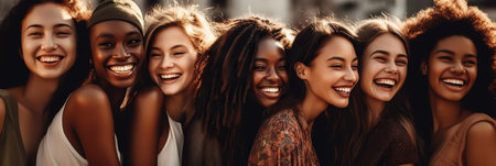 A diverse group of young women, all 25 years old, are captured in a candid moment, beaming with smiles and radiating pure joy and carefree spirit. Their different races add to the vibrancy of the scene, set on a sunny summer day. Generative AIの素材