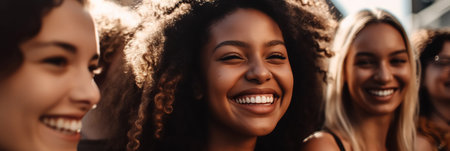 A diverse group of young women, all 25 years old, are captured in a candid moment, beaming with smiles and radiating pure joy and carefree spirit. Their different races add to the vibrancy of the scene, set on a sunny summer day. Generative AIの素材
