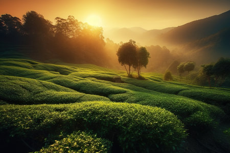 chinese plantation of a tea at sunrise. AI Generative AIの素材