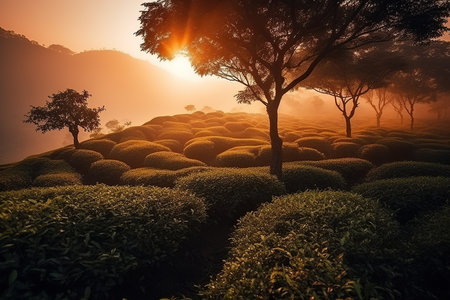 chinese plantation of a tea at sunrise. AI Generative AIの素材