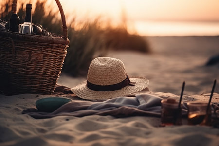 cozy picnic on the beach in the evening selective focuse positive vibe, nobody. AI Generative AIの素材