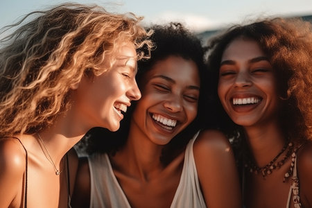 A diverse group of young women, all 25 years old, are captured in a candid moment, beaming with smiles and radiating pure joy and carefree spirit. Their different races add to the vibrancy of the scene, set on a sunny summer day. Generative AIの素材