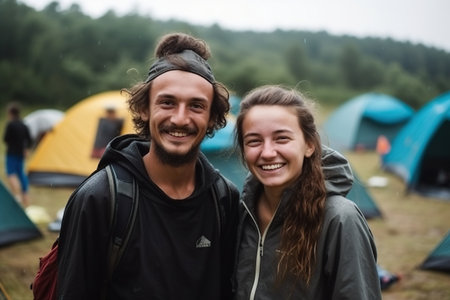 A group of cheerful backpackers captured candidly in their element at a lively campsite. AI Generative AIの素材