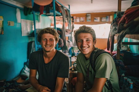 group of cheerful backpackers enjoying their stay in a hostel. With their smiling faces and relaxed demeanor. AI Generative AIの素材