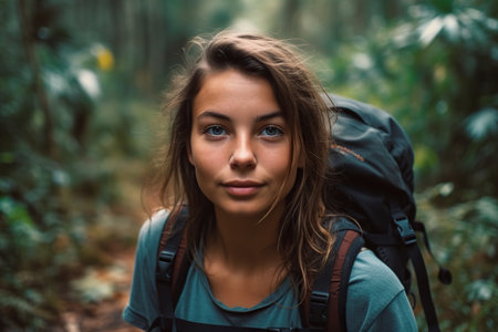 young woman with a backpack enjoying the solo travel. AI Generative AIの素材