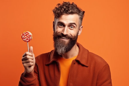 smiling man holds out a lollipop, isolated on orange. AI Generative AIの素材