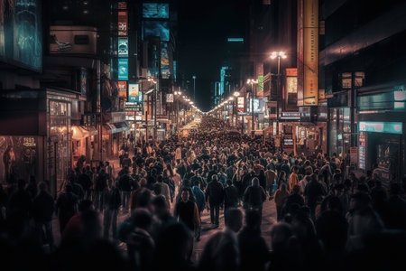 A bustling cityscape captured in a long exposure shot, with crowds of people visible during the evening. AI Generative AIの素材