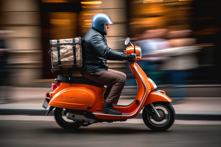 A food delivery man in a helmet and bright backpack speeds through the busy streets on his motorbike. The motion blur of the city's lights adds to the feeling of speed and urgency. AI Generative AI.の素材