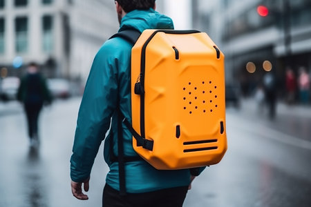 A pedestrian courier stands out in the hustle and bustle of the big city with a large, cubic, bright backpack. Delivering packages through busy streets, the courier navigates through the crowds with ease. The bright colors and unique design of the backpack catch the eye, making it easy to spot the courier from a distance. This courier is a symbol of the fast-paced, modern world of delivery services. Generative AI.の素材