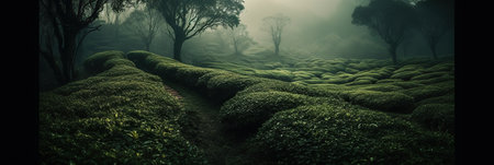 chinese plantation of a tea at sunrise. wide angle panorama. AI Generative AIの素材