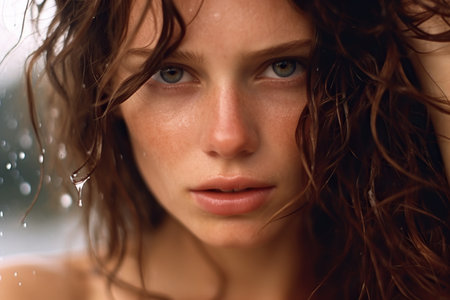 Amidst the heavy rain, a 30 yo pretty woman with light brown wet hair casts a sensual and mysterious gaze while wearing a gentle smile. AI Generative AIの素材
