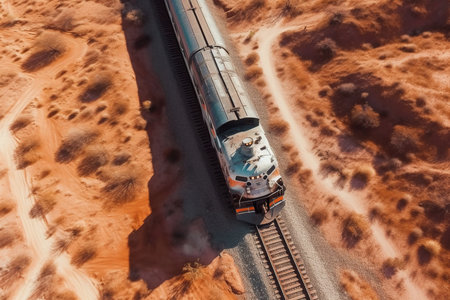 Aerial top-down view of a train traveling through the vast, empty desert, leaving behind a long trail of dust. AI Generative AI.の素材