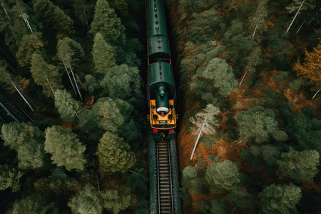 From a bird's eye view, a train snakes through a lush and verdant forest, surrounded by towering trees and a natural landscape. AI Generative AI.の素材