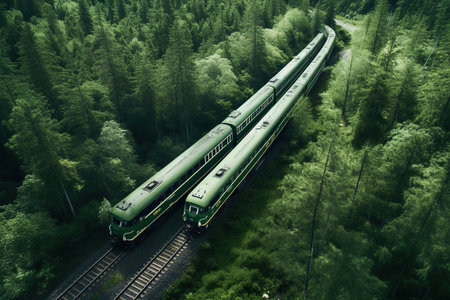 From a bird's eye view, a train snakes through a lush and verdant forest, surrounded by towering trees and a natural landscape. AI Generative AI.の素材