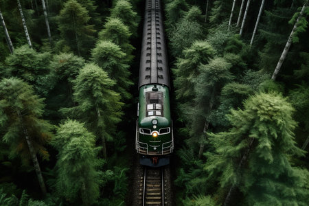 From a bird's eye view, a train snakes through a lush and verdant forest, surrounded by towering trees and a natural landscape. AI Generative AI.の素材
