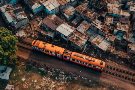 An aerial view shows a train passing through a poverty-stricken slum, surrounded by ramshackle houses and shanties. The stark contrast between the train's modernity and the destitution of the surrounding area is striking. Generative AI.の素材