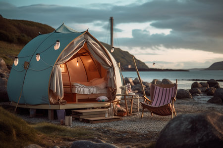 A luxurious glamping site with a stunning lake and mountain backdrop offering the perfect blend of nature and comfort. AI Generative AIの素材