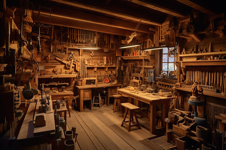 interior of a cozy woodworking workshop. essence of craftsmanship, tradition, and passion for woodworking. AI Generative AIの素材