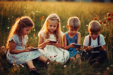 Group of children is captured in nature, but instead of enjoying the surroundings, they are glued to their smartphones, engrossed in digital media. AI Generative AIの素材