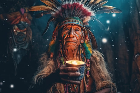 mystical world of a Native American shaman as he embarks on a secret ayahuasca ritual filled with wonder, spiritual revelations, and a psychedelic trip. AI Generative AIの素材