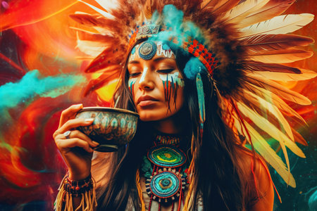 mystical world of a pretty Native American shaman woman as she embarks on a secret ayahuasca ritual, filled with wonder, spiritual revelations, and a psychedelic trip. AI Generative AIの素材