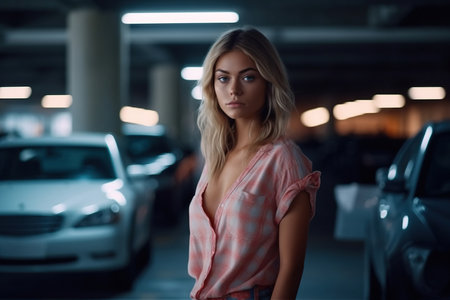 A pretty woman in casual clothes walks in an underground parking lot. Her natural beauty shines through as she navigates through the concrete maze. AI Generative AIの素材