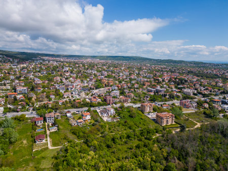 aerial view of s a modern residential neighborhood in Euxinograd, Varna. The sleek, stylish buildings are surrounded by greenery and offer stunning views of the Black Sea.の写真素材