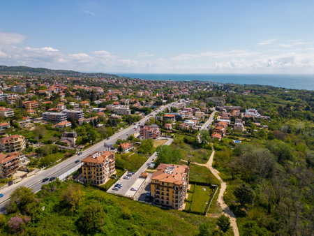 aerial view of s a modern residential neighborhood in Euxinograd, Varna. The sleek, stylish buildings are surrounded by greenery and offer stunning views of the Black Sea.の写真素材