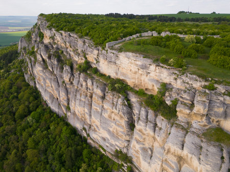 panoramic aerial view of Madara Plateau, where the iconic Madara Rider is intricately carved. Experience Bulgaria's rich heritage and natural wonders from aboveの写真素材