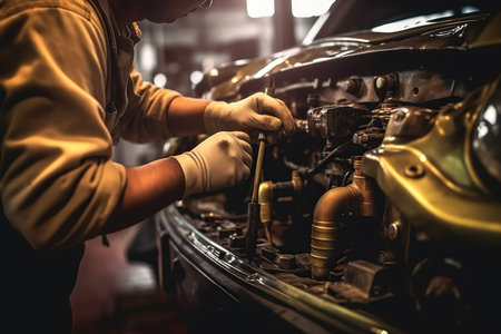 Modern car undergoing repairs at a service station. Skilled technicians working on the vehicle, ensuring its optimal performance. AI Generative AIの素材
