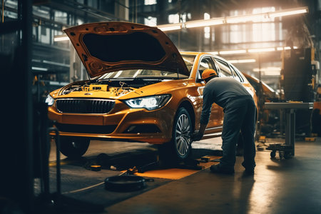 Modern car undergoing repairs at a service station. Skilled technicians working on the vehicle, ensuring its optimal performance. AI Generative AIの素材