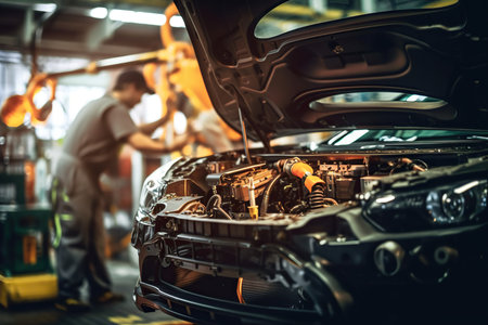 Modern car undergoing repairs at a service station. Skilled technicians working on the vehicle, ensuring its optimal performance. AI Generative AIの素材